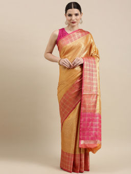 Banarasi Silk Works - Gold Kanchi Silk Zari Pattu Border Saree with Unstitched Blouse