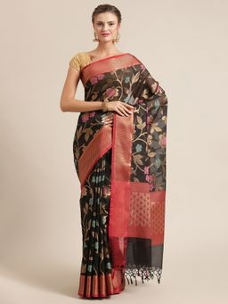 Banarasi Silk Works - Kota Check Woven Saree Black with Unstitched Blouse