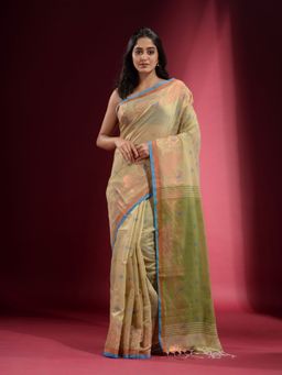 CHARUKRITI - Olive Green with Zari Paisley and Floral Design Saree with Unstitched Blouse