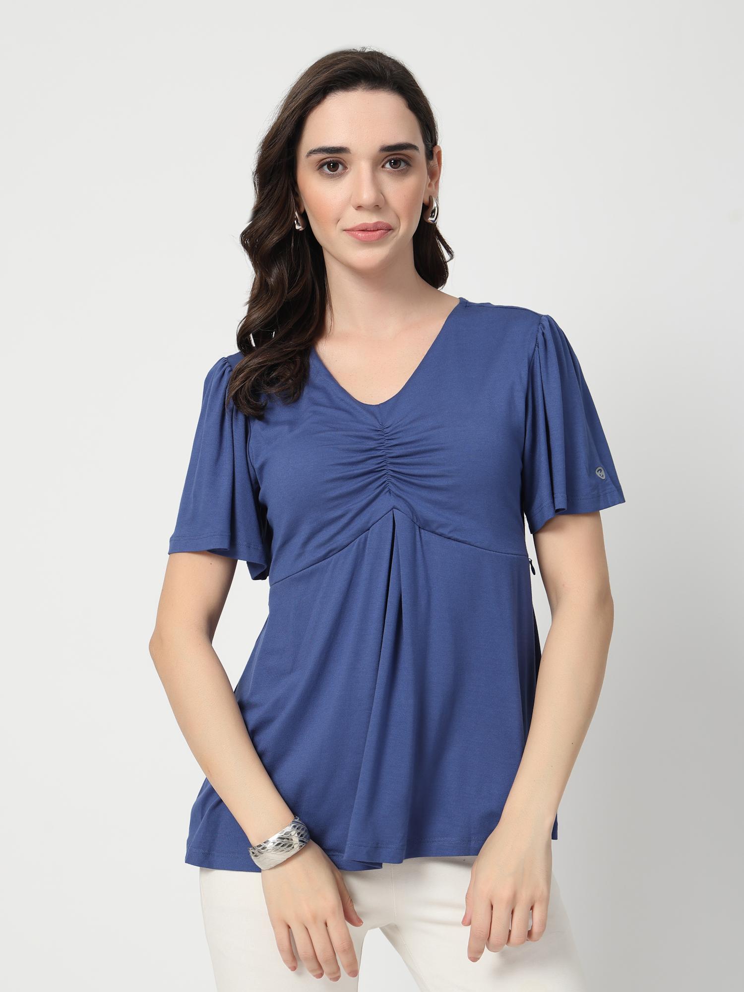 zelena Dark Blue Viscose In-Built Bra Feeding Zip Maternity Top-picture-13
