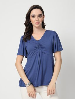 Zelena - Dark Blue Viscose In-Built Bra Feeding Zip Maternity Top