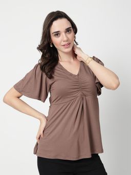 Zelena - Mocha Brown Viscose In-Built Bra Feeding Zip Maternity Top