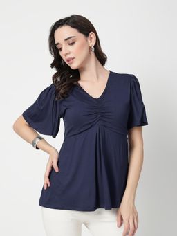 Zelena - Navy Blue Viscose In-Built Bra Feeding Zip Maternity Top