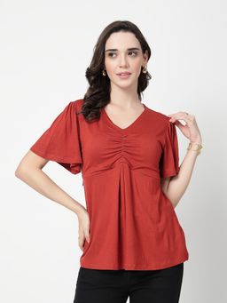 Zelena - Rust Viscose In-Built Bra Feeding Zip Maternity Top