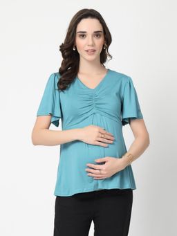 Zelena - Sea Blue Viscose In-Built Bra Feeding Zip Maternity Top