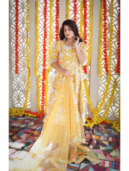 LABEL MAE - Essence Yellow Printed Anarkali with Pant and Dupatta (Set of 3)