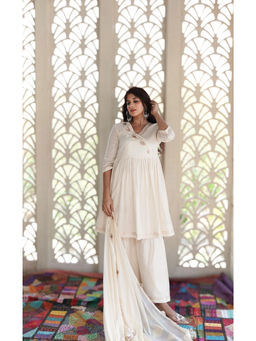 LABEL MAE - Lurex Ivory Gota Lace Kurti with Sharara and Dupatta (Set of 3)