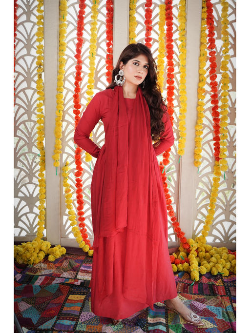 LABEL MAE Red Solid Anarkali with Pant and Dupatta (Set of 3)