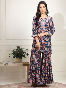 Sufiza Lifestyle - Rajasthani Printed Chikankari Kurta with Sharara (Set of 2)