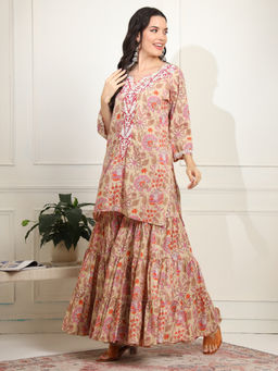 Sufiza Lifestyle - Brown Block Rajasthani Chikankari Kurta and Sharara (Set of 2)