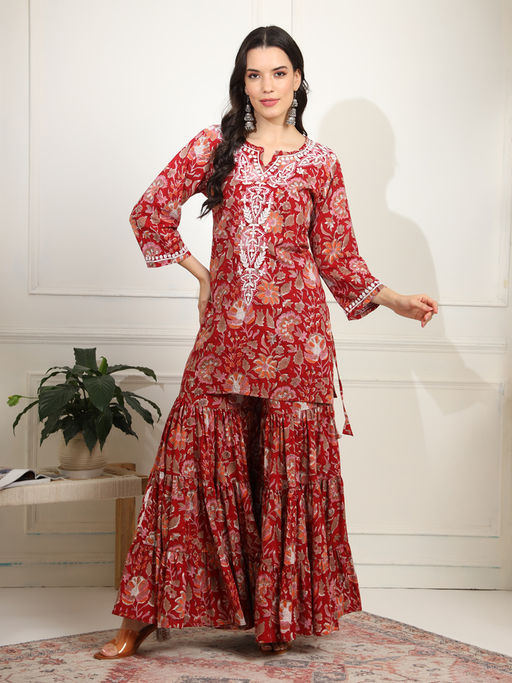 Sufiza Lifestyle Red Block Rajasthani Chikankari Kurta and Sharara (Set of 2)