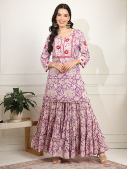 Sufiza Lifestyle - Lavender Block Rajasthani Chikankari Kurta and Sharara (Set of 2)