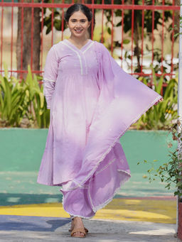 Zuri - Purple Embroidered Cotton Kurta With Matching Pant And Dupatta