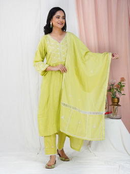 Zuri - Lime Green Embroidered Cotton Kurta With Matching Pant And Dupatta