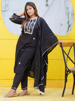 Zuri - Black Embroidered Cotton Kurta With Matching Pant And Dupatta