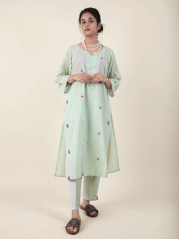Zuri - Pista Multicolor Embroidered Cotton Kurta Paired With Matching Pant