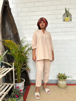 Zuri - Peach Pink Kantha Embroidered Short Cotton Co-ord