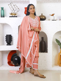 Zuri - Dusty Brown Embroidered Cotton Kurta With Matching Pant And Dupatta
