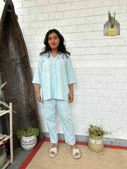 Zuri - Sky Blue Kantha Embroidered Short Cotton Co-ord