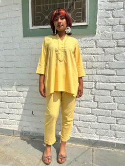 Zuri - Yellow Kantha Embroidered Short Cotton Co-ord