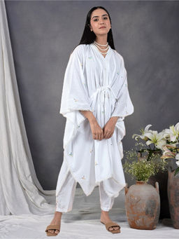 Zuri - White Embroidered Cotton Kaftan with Belt & Pants