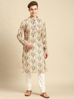 Sanwara - Mens Cotton Floral Printed Light Beige Color Kurta with Churidar (Set of 2)