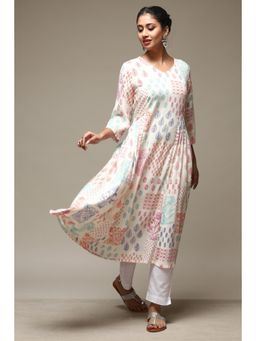 Biba - Off White Rayon Flared Printed Kurta