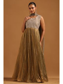 Soch - Women Gold Fendi Embroidered Ethnic Motif Dress with Dupatta