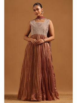 Soch - Women Onion Pink Fendi Embroidered Ethnic Motif Dress with Dupatta