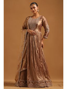 Soch - Women Brown Fendi Embroidered Stone Work Dress with Dupatta
