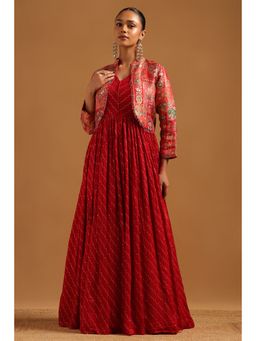 Soch - Women Red Brocade Floral Zari Woven Dress with Jacket