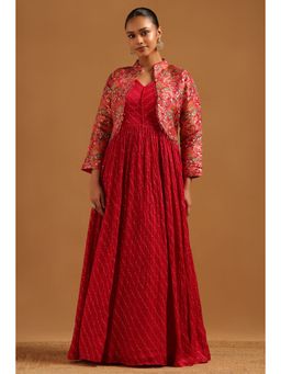 Soch - Women Fuchsia Pink Brocade Floral Zari Woven Dress with Jacket