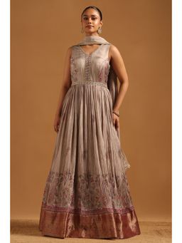 Soch - Women Grey Floral Printed Dress with Unstitched Sleeves and Dupatta