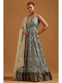 Soch - Women Grey Printed Dress with Unstitched Sleeves and Dupatta