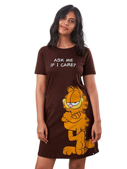 The Souled Store - Official Garfield: Don't Care Graphic Printed Brown Pocket Dresses