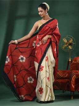 CHARUKRITI - Red And Off White Pure Silk Handwoven Soft Saree with Floral Print & Unstitched Blouse