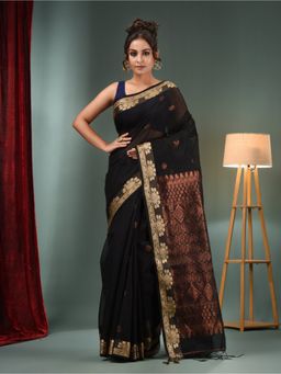 CHARUKRITI - Black Cotton Blend Handwoven Saree with Woven Zari Border & Unstitched Blouse