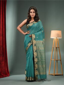 CHARUKRITI - Teal Cotton Blend Handwoven Saree with Woven Zari Border & Unstitched Blouse