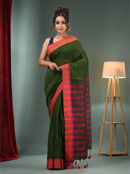 CHARUKRITI - Green Cotton Blend Handwoven Saree with Stripes Pallu & Unstitched Blouse