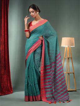 CHARUKRITI - Teal Cotton Blend Handwoven Saree with Stripes Pallu & Unstitched Blouse