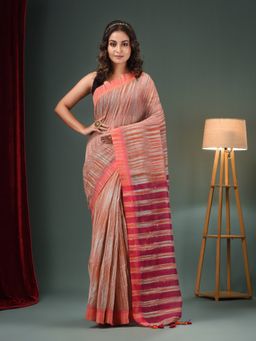 CHARUKRITI - Grey And Orange Cotton Blend Handwoven Saree with Stripes Pallu & Unstitched Blouse