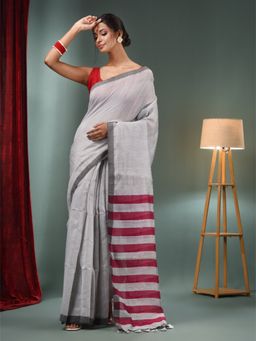 CHARUKRITI - Grey Cotton Blend Handwoven Saree with Stripes Pallu & Unstitched Blouse