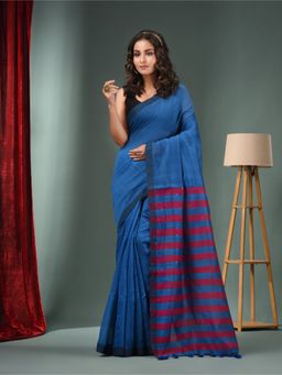 CHARUKRITI - Sapphire Blue Cotton Blend Handwoven Saree with Stripes Pallu & Unstitched Blouse