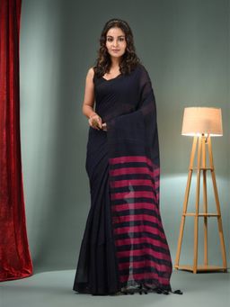 CHARUKRITI - Black Cotton Blend Handwoven Saree with Stripes Pallu & Unstitched Blouse