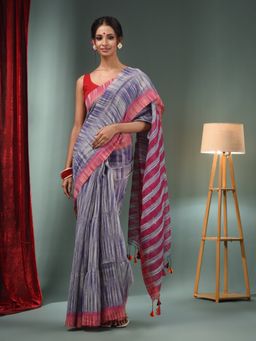 CHARUKRITI - Grey And Blue Cotton Blend Handwoven Saree with Stripes Pallu & Unstitched Blouse