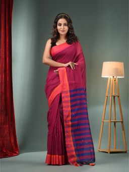 CHARUKRITI - Maroon Cotton Blend Handwoven Saree with Stripes Pallu & Unstitched Blouse