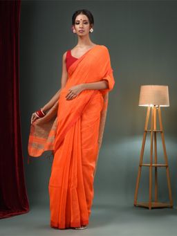 CHARUKRITI - Orange Cotton Blend Handwoven Saree with Ghicha Pallu & Unstitched Blouse