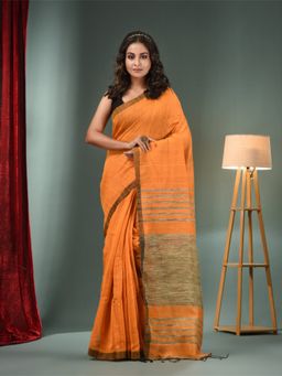 CHARUKRITI - Orange Cotton Blend Handwoven Saree with Ghicha Pallu & Unstitched Blouse