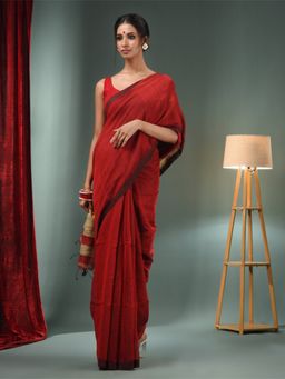 CHARUKRITI - Red Cotton Blend Handwoven Saree with Ghicha Pallu & Unstitched Blouse