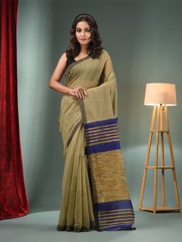 CHARUKRITI - Beige Cotton Blend Handwoven Saree with Ghicha Pallu & Unstitched Blouse